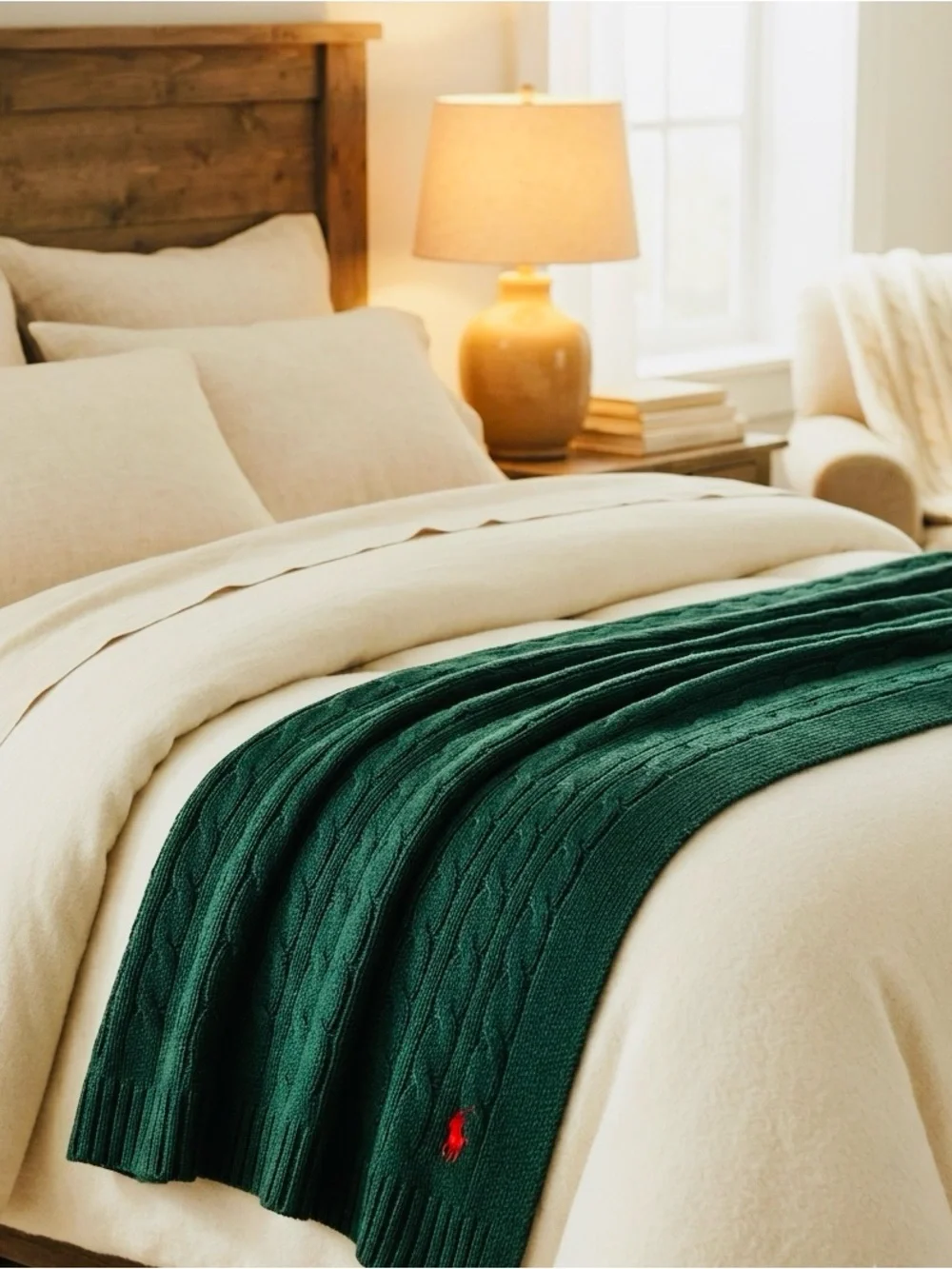 NEW❤️Ralph Lauren Cotton Forest Green Cable-Knit Blanket